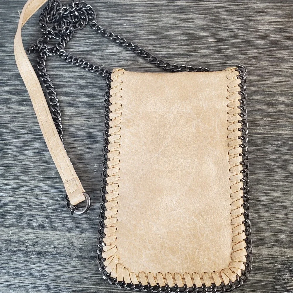 Vegan Leather Crossbody Bag With Chain Shoulder Straps, Exposed Stitches, Lined